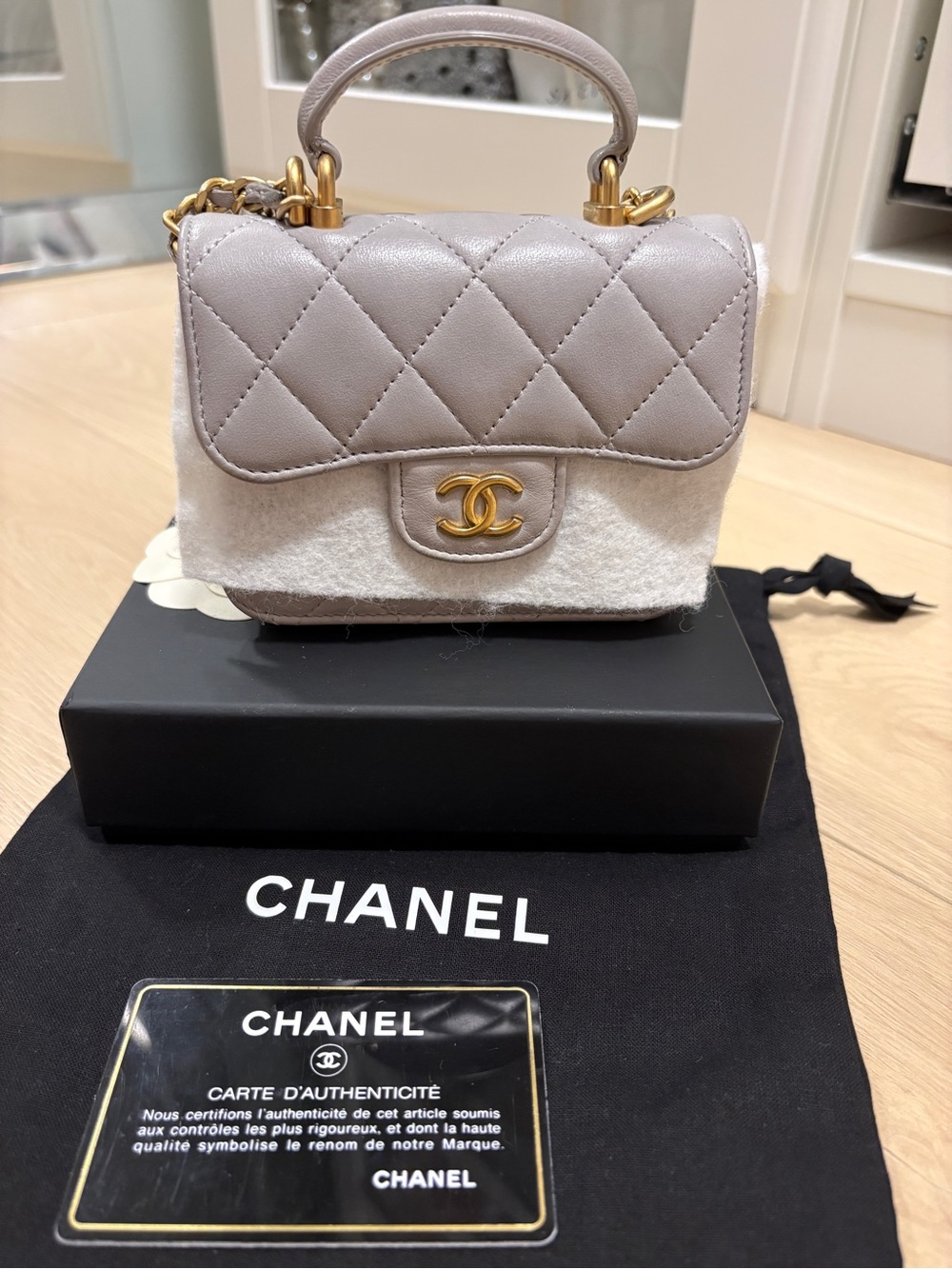 CHANEL Quilted Mini Top Handle Cojn Purse in Gray